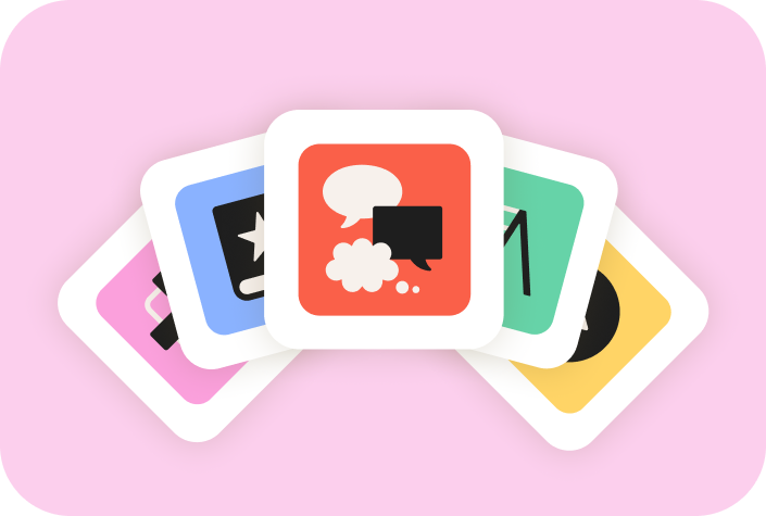 Learnlab-Schulsymbol mit einem Fächer aus bunten App-Kacheln, die interaktive Lernanwendungen für Klassenengagement, Kommunikation, Kreativität und Zusammenarbeit darstellen.